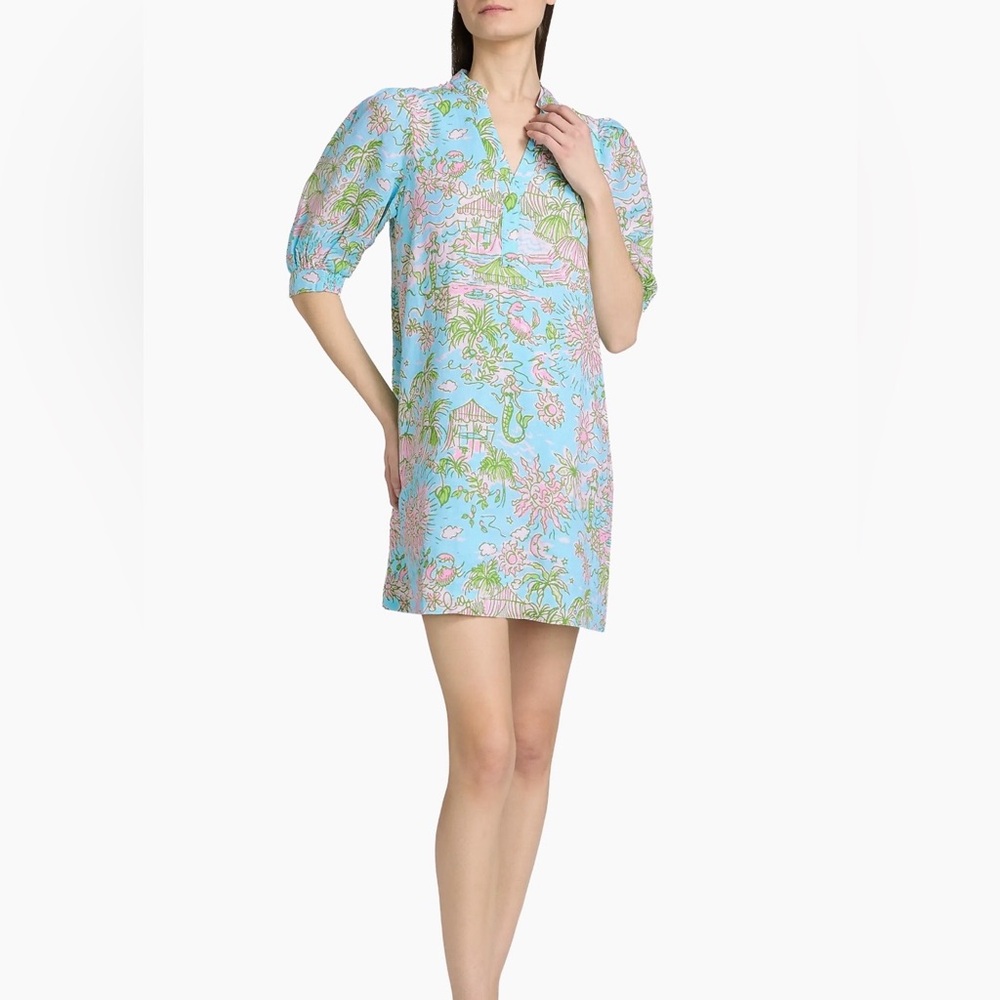 Lilly Pulitzer Mialeigh Lagoon Linen Shift Dress Blue Pink Print Size 4